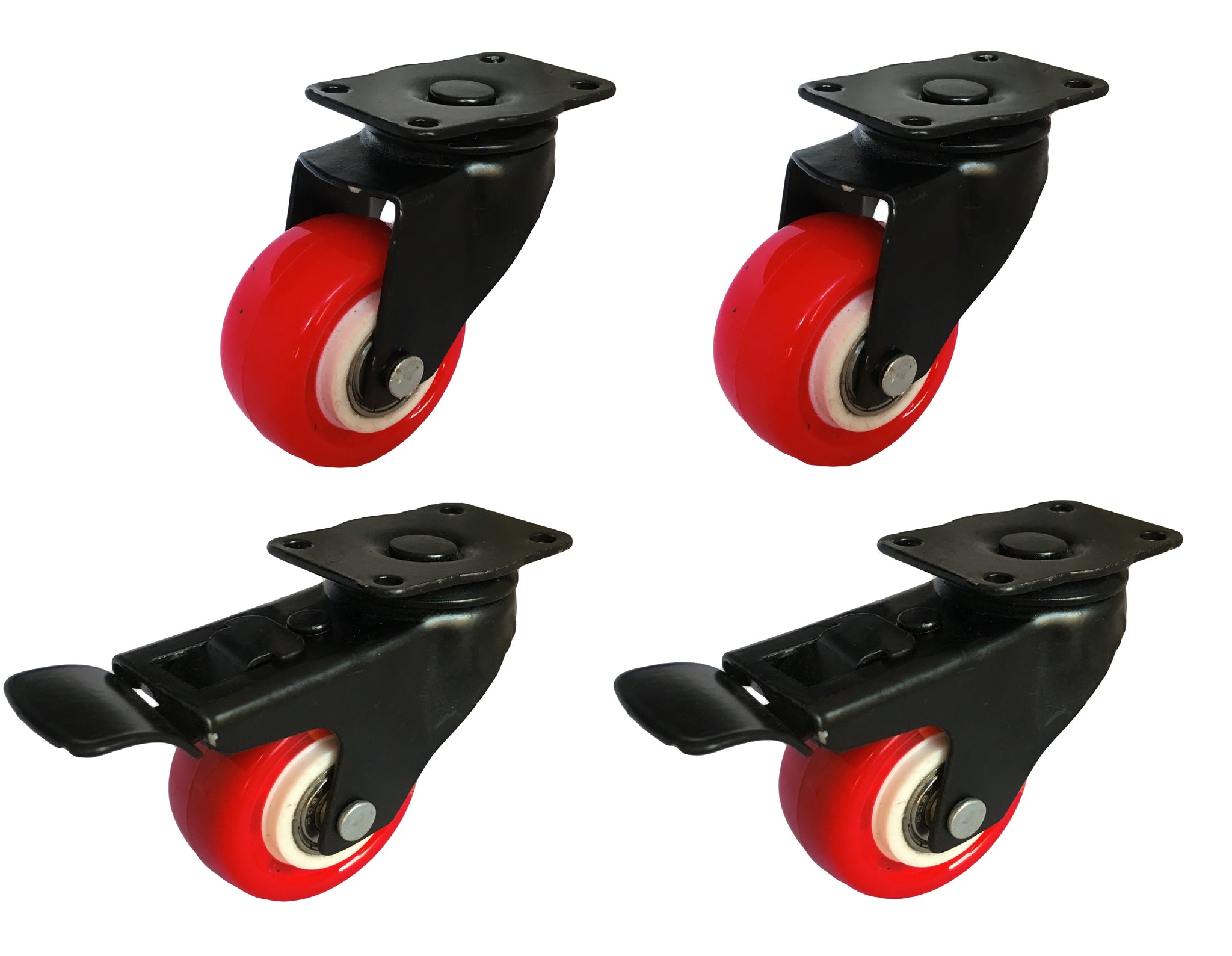 4 Pack 2" Heavy Duty Caster Wheels Soft Rubber Swivel Caster with 360 Degree Plate Fittings / 2 with Brakes & 2 Without (Red)/IMP-U72-73