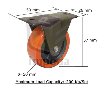 4 x Fix Wheel Castor / 200kg Load Capicity (Black-Orange) (Wheel Size 2