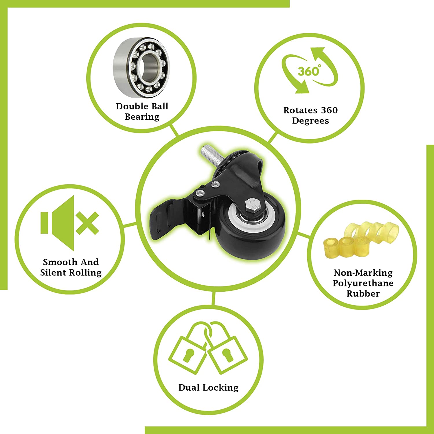 2" Heavy Duty Caster Wheels Screw Type / 2 with Brakes & 2 Without/Soft Rubber Swivel Caster with 360 Degree
